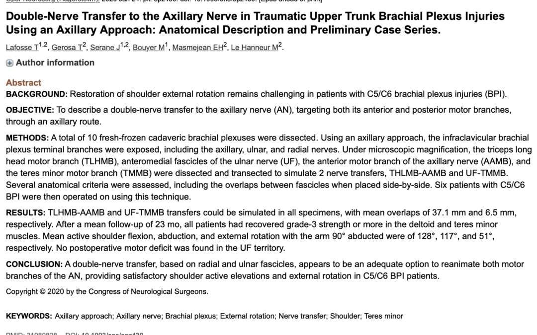 Publication sur les doubles transferts nerveux de réanimation du deltoïde au cours de paralysies du plexus brachial