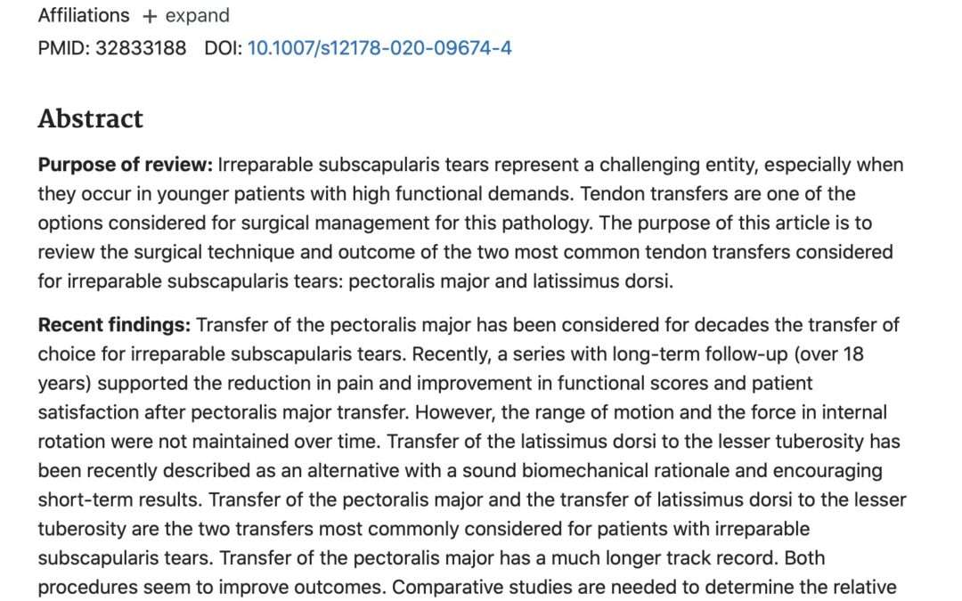 Article de revue, et synthèse sur les rupture irréparable de sous scapulaire : transferts tendineux.
